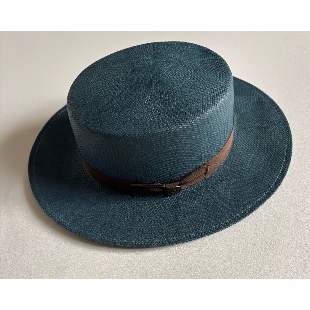 Rare Vintage Goorin Bros Straw Flat Top Sun-Boater-Hat in Teal Size M